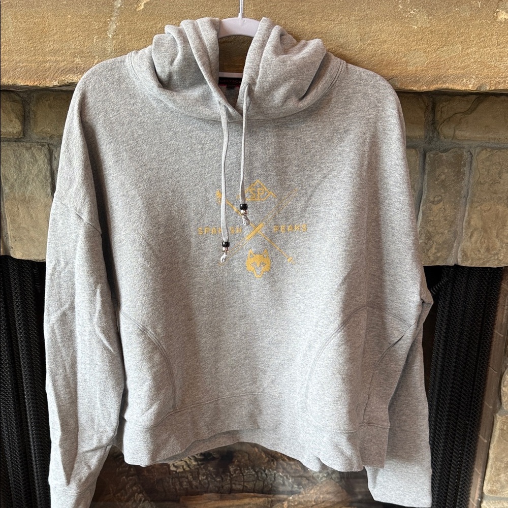 Spanish Peaks ski club Greyson Heather Gray Hoodie with Gold SP Wolf Details. L